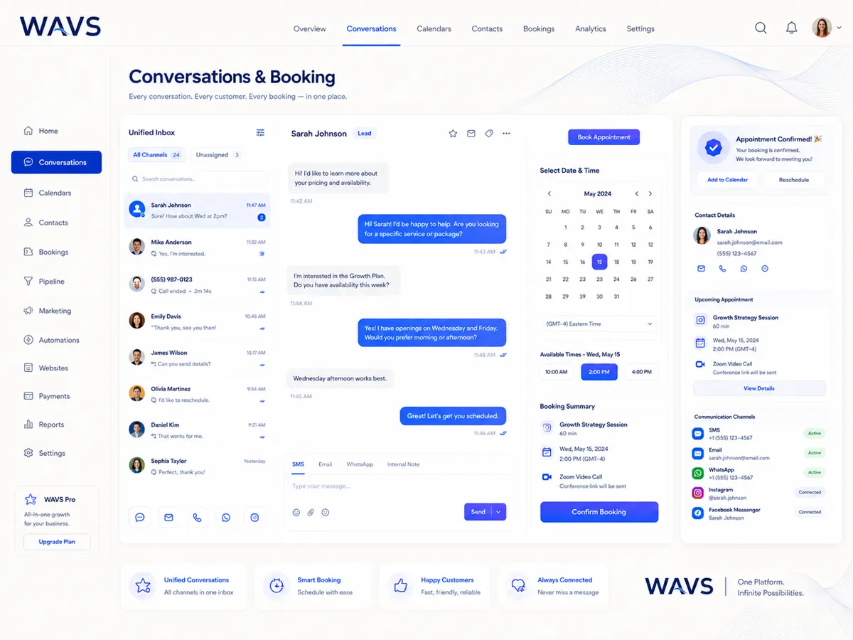 Illustrative WAVS conversations screen with inbox, message thread, and booking panel