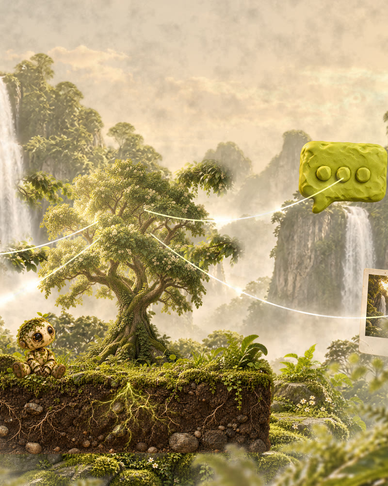MOSS beside a glowing tree whose film frame, message and photo travel into a jungle valley on threads of light