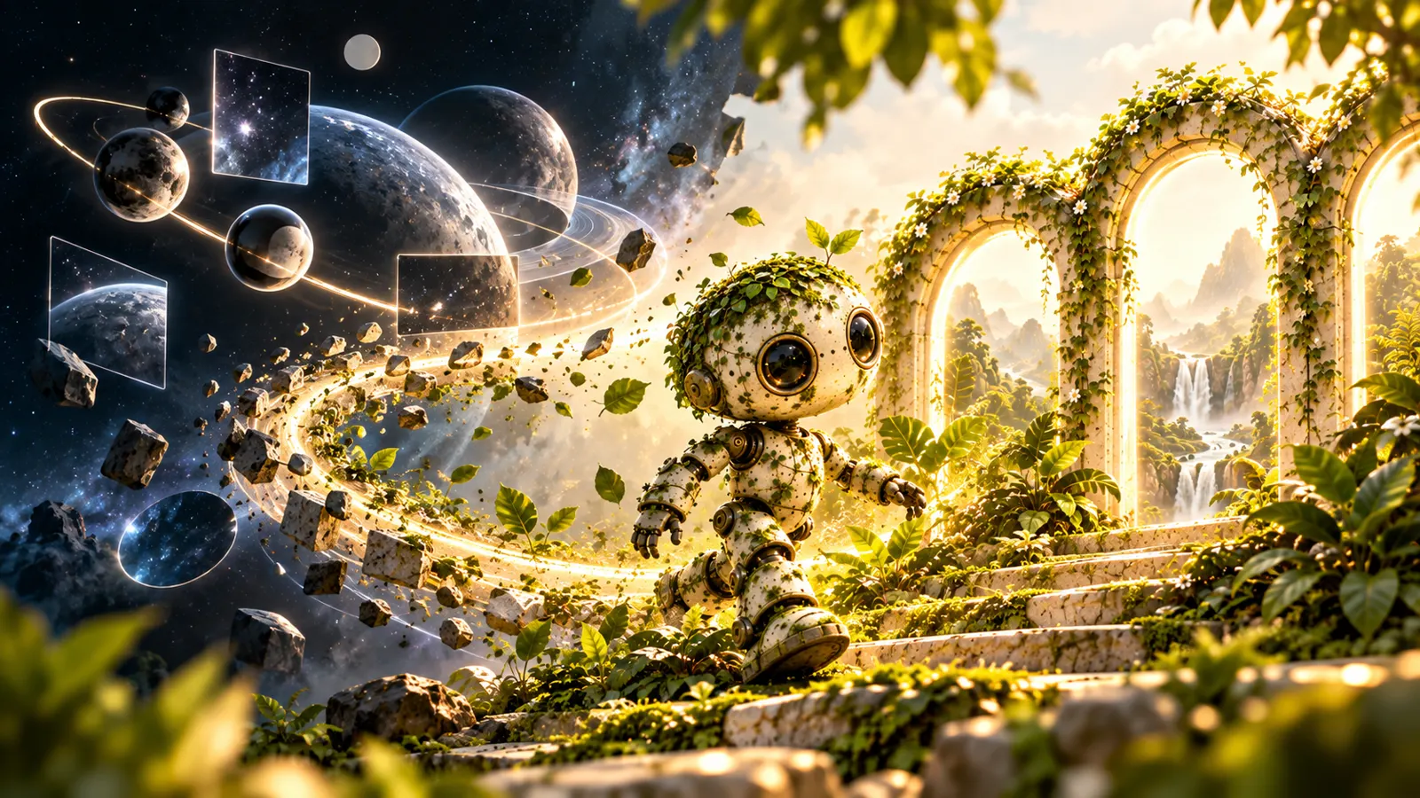 Owner-supplied CaseCraft illustration of MOSS moving from the Orbit visual world into the Jungle