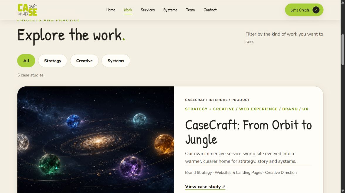 Actual Jungle homepage with cream typography, chartreuse accents and MOSS
